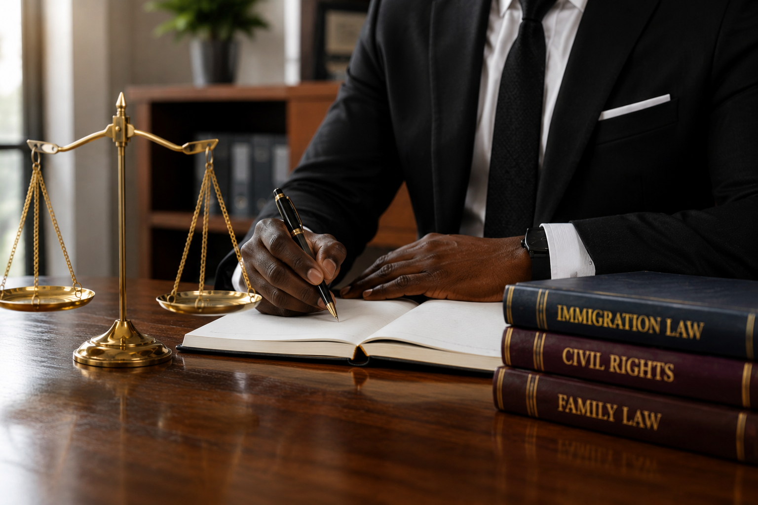 Attorney at desk with scales of justice and law books