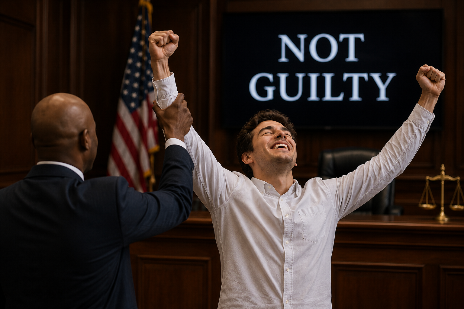 Attorney and client celebrating a not-guilty verdict in court